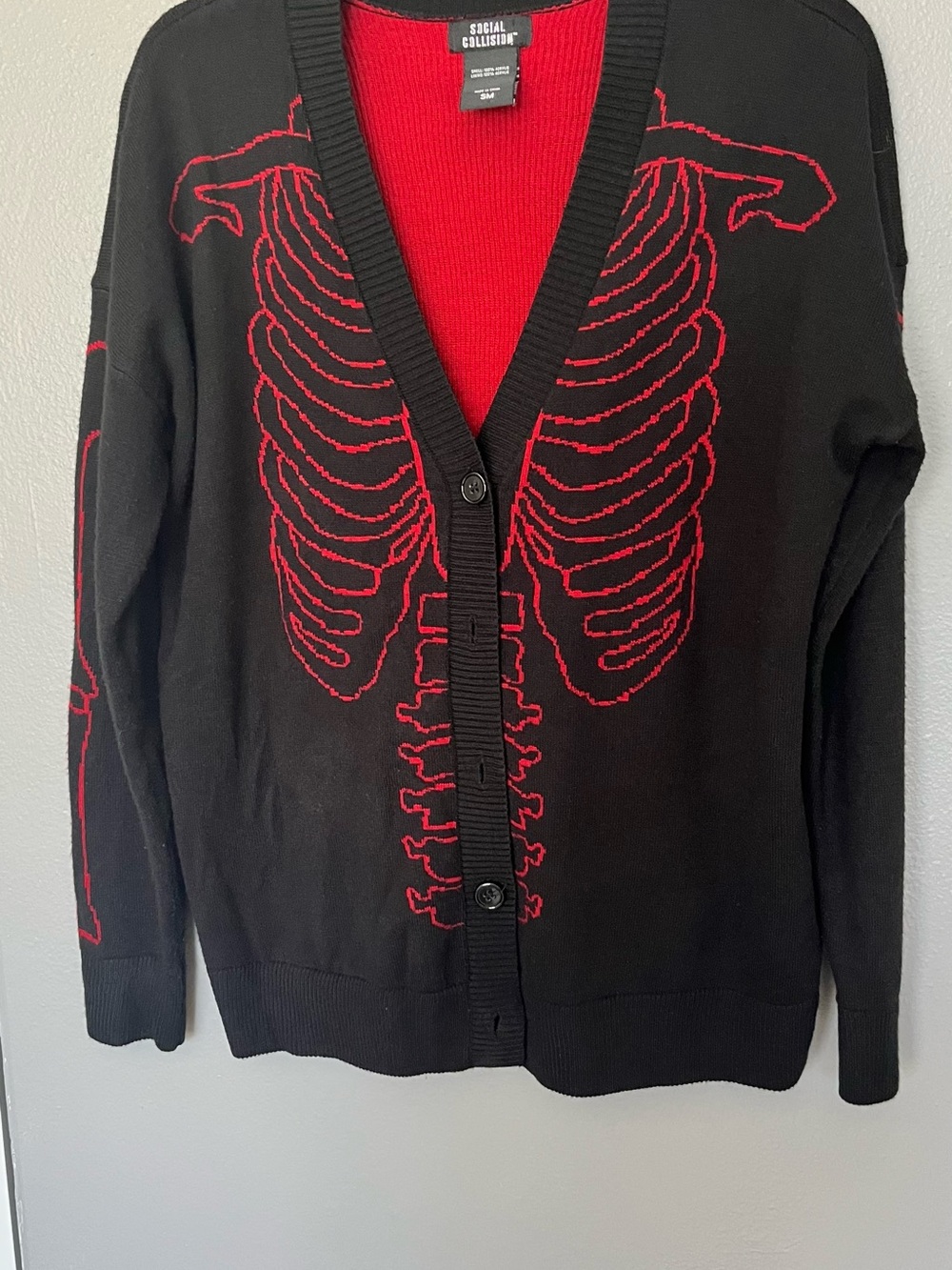 Social collision Women’s Black Cardigan with Red Interior and Skeleton Detail